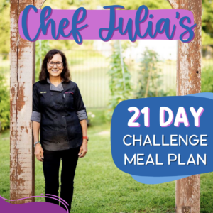 A downloadable PDF meal plan guide by Chef Julia, featuring whole food, plant-based, and oil-free meals for a 21-day health challenge.